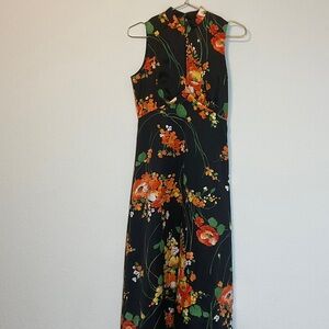 Tori Richard for Liberty House Black Maxi Dress with Orange Floral Design